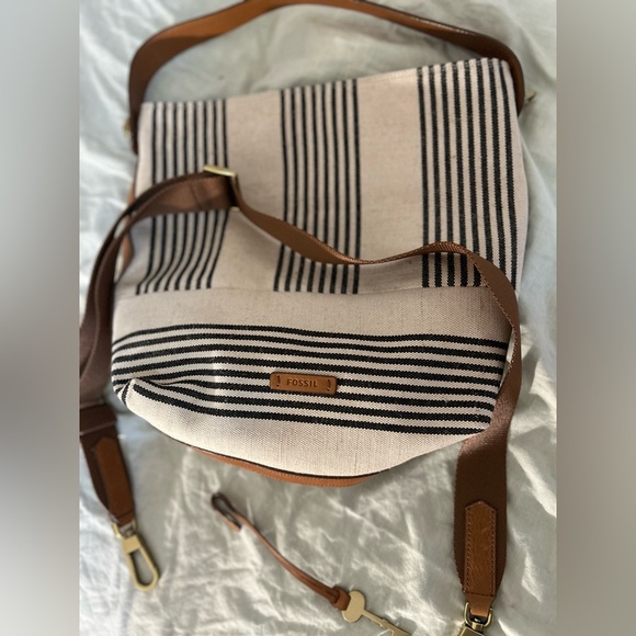 Fossil Handbags - Fossil off white with black striped shoulder bag
with extra brown leather strap